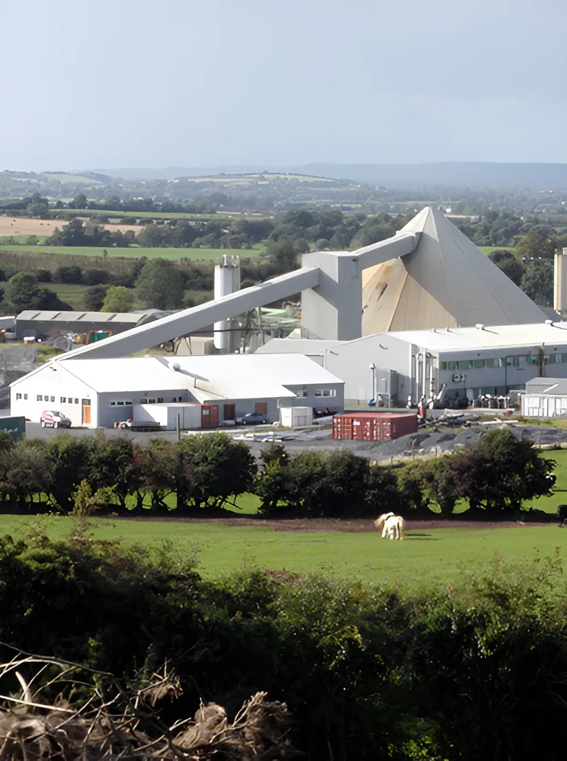 Zinc mine surface plant among green farmland, Galmoy, Ireland