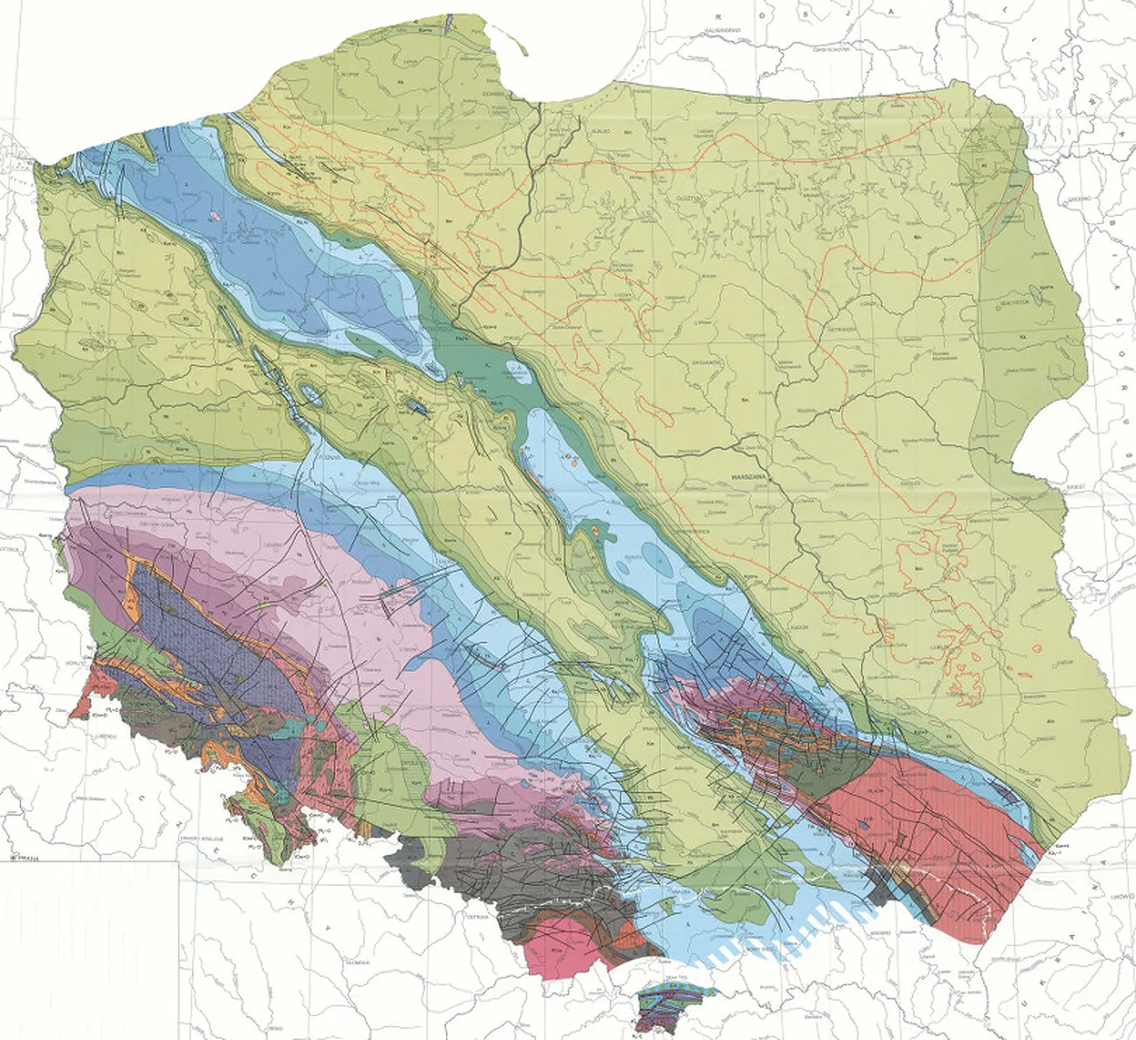Colour bedrock geology map of Poland