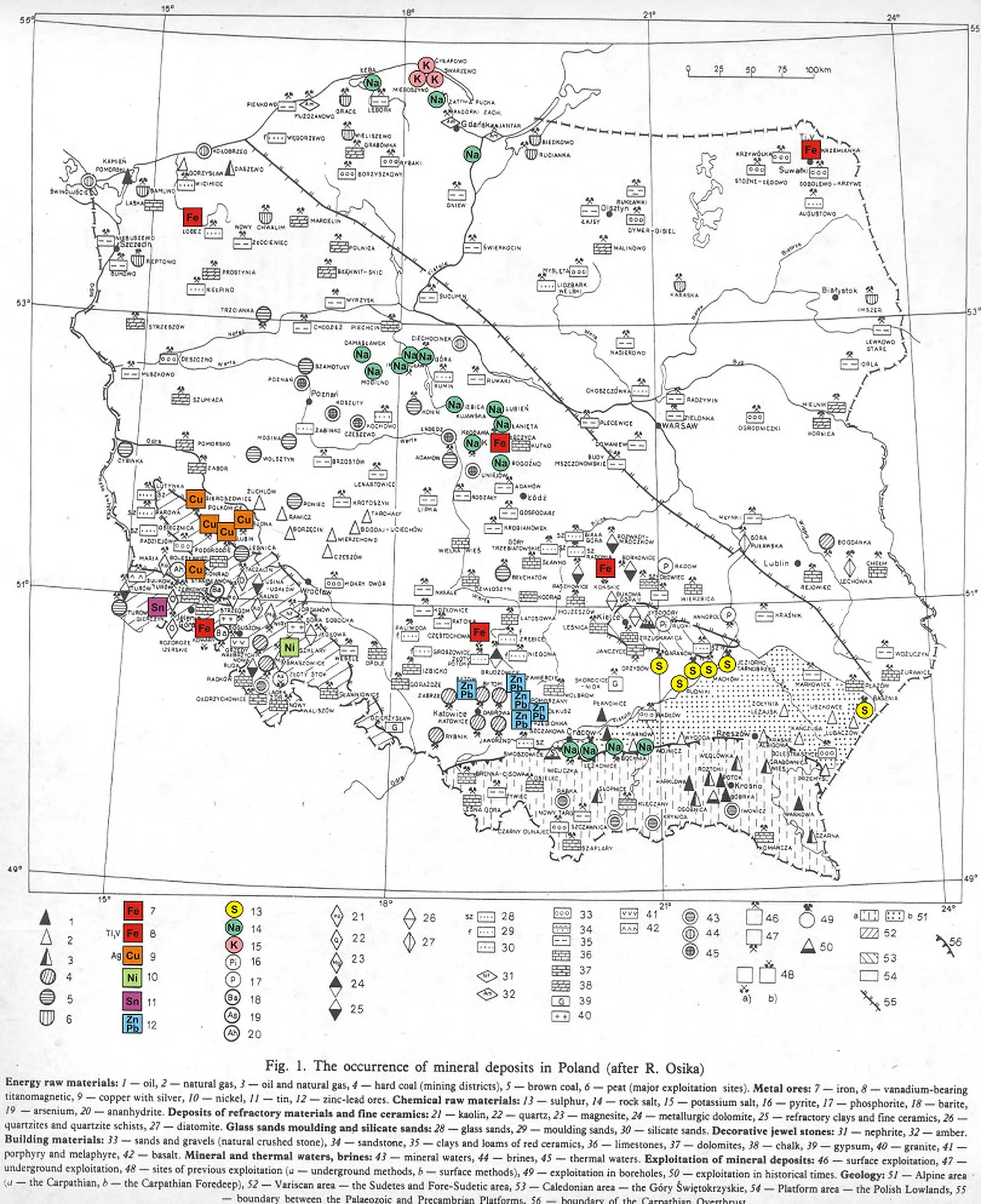 Map of principal mineral deposits of Poland with a symbol key and caption