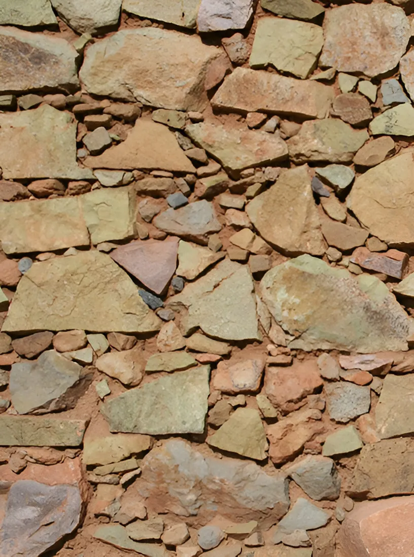 Dry stone wall built of reddish and green rock fragments