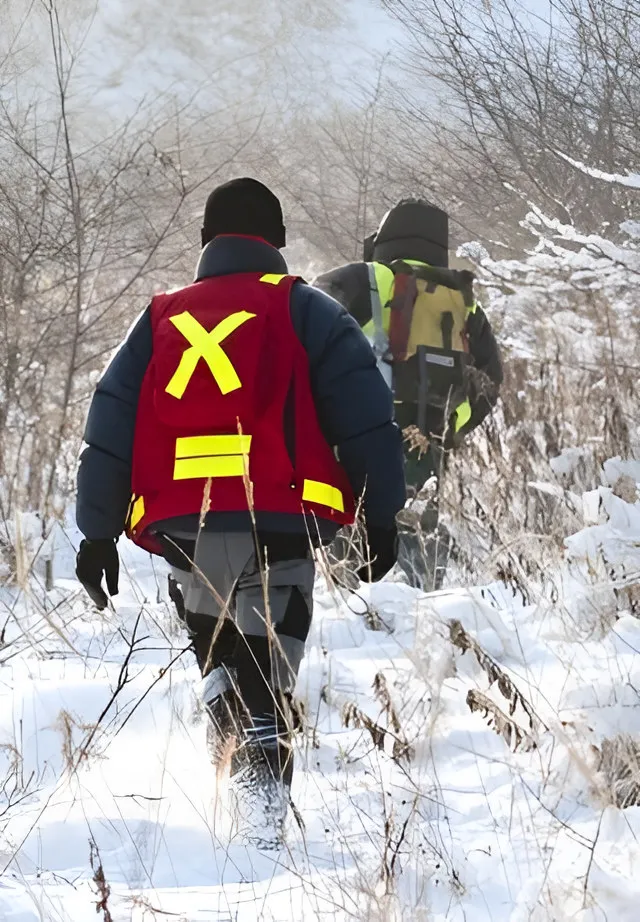 Two field workers in high-visibility vests walking through snowy woodland