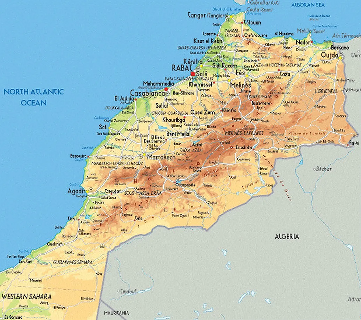 Physical map of northern and central Morocco with towns and neighbouring countries