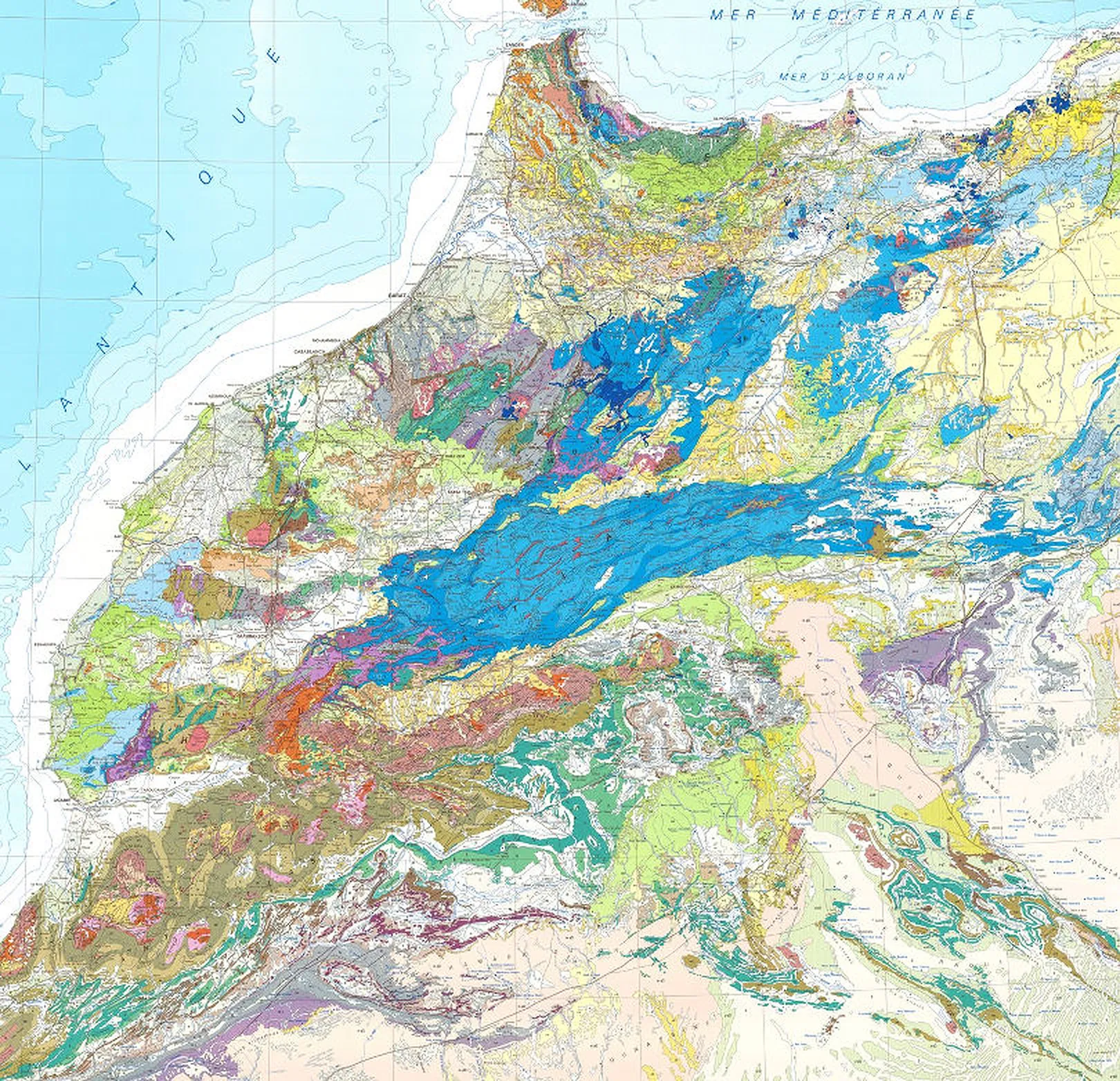 Detailed colour geological map of northern and central Morocco