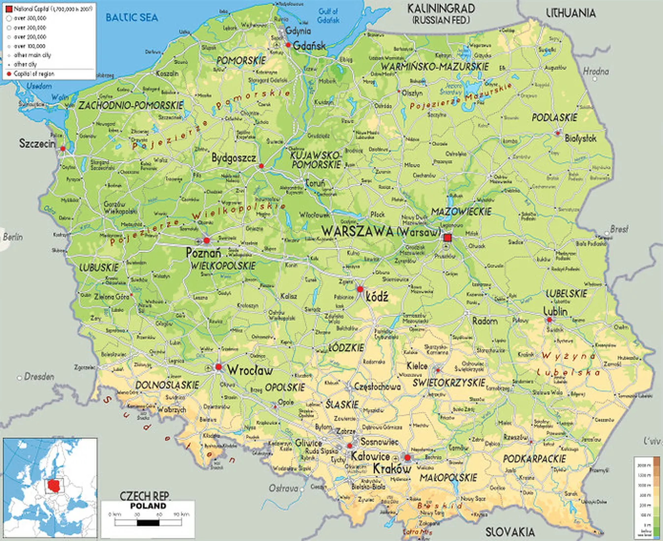 Physical map of Poland with regions and major cities